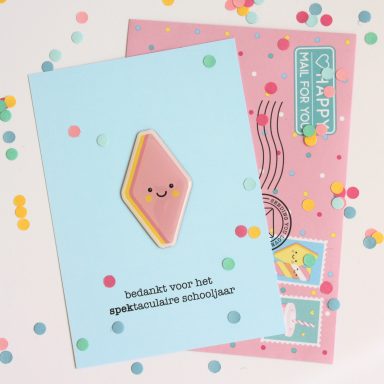 Wenskaart met een gelukkige ijsjesillustratie en gekleurde confetti.